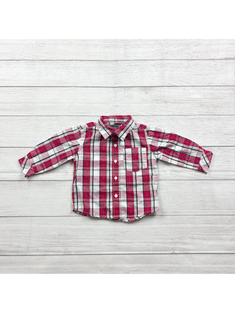 DKNY Infant Boys Plaid Button Up Shirt Red Long Sleeve Collared 9-12 Months - Picture 1 of 3